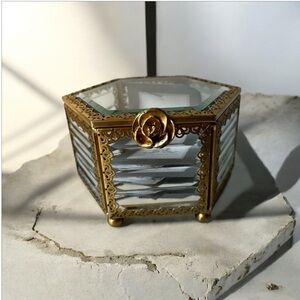 Gold and Glass Hexagonal Jewelry Box antique style